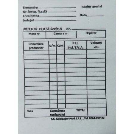 Poza cu NOTA PLATA AUTOCOPIATIV 2 EXEMPLARE
