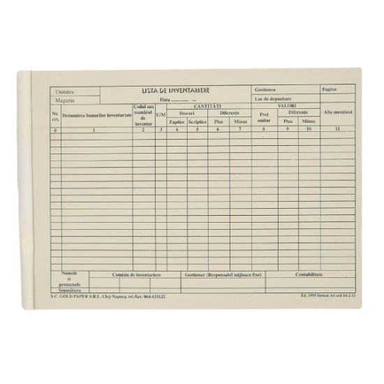 Poza cu LISTA INVENTAR 11 COLOANE ORIZONTALA