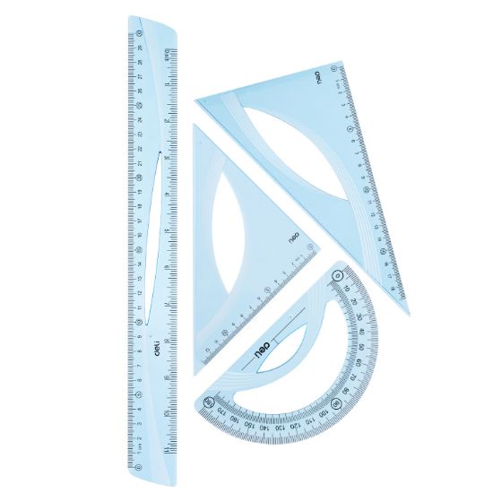 Poza cu SET GEOMETRIE 4 PIESE ALBASTRU TRANSPARENT (RIG30CM, ECH*2, RAP) DELI