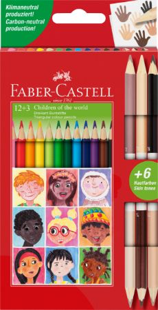 Poza cu CREIOANE COLORATE 12+3 CR. BICOLORE PIELE CHILDREN OF THE WORLD FABER-CASTELL