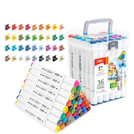 Poza cu SET 36 MARKERE SKETCHING VARF DUBLU ROTUND 1MM/TESIT 7MM CUTIE PLASTIC COLOR EMOTION DELI