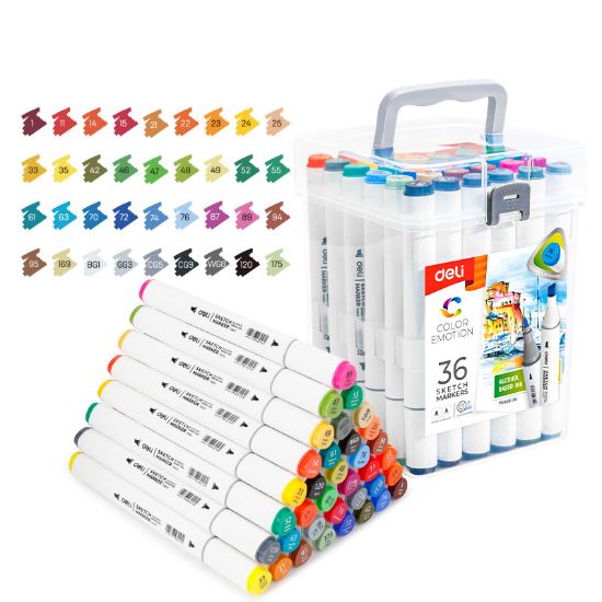 Poza cu SET 36 MARKERE SKETCHING VARF DUBLU ROTUND 1MM/TESIT 7MM CUTIE PLASTIC COLOR EMOTION DELI