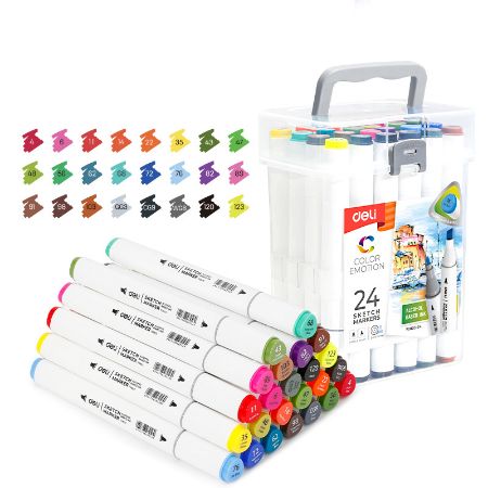 Poza cu SET 24 MARKERE SKETCHING VARF DUBLU ROTUND 1MM/TESIT 7MM CUT PLASTIC COLOR EMOTION DELI
