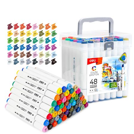 Poza cu SET 48 MARKERE SKETCHING VARF DUBLU ROTUND 1MM/TESIT 7MM CUT PLASTIC COLOR EMOTION DELI