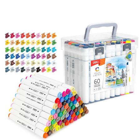 Poza cu SET 60 MARKERE SKETCHING VARF DUBLU ROTUND 1MM/TESIT 7MM CUTIE PLASTIC COLOR EMOTION DELI