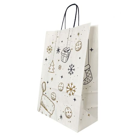 Poza cu PUNGA HARTIE MANER RASUCIT 26 x 12 x 35 CM ALB/ALB CRACIUN PAPIROTI