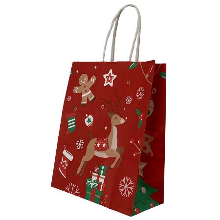 Poza cu PUNGA HARTIE MANER RASUCIT 18 x 8 x 22 CM ROSU/ALB CERB CRACIUN PAPIROTI