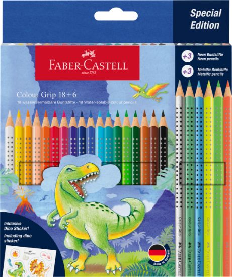 Poza cu SET PROMO CREIOANE COLORATE 18+6 CULORI GRIP 2001 DINOZAURI FABER-CASTELL