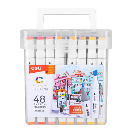 Poza cu SET 48 MARKERE SKETCHING VARF DUBLU 1MM/7MM CUT PLASTIC DELI