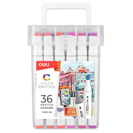 Poza cu SET 36 MARKERE SKETCHING VARF DUBLU 1MM/7MM CUTIE PLASTIC DELI