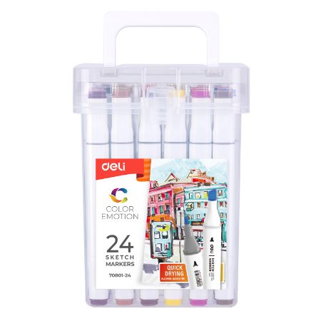 Poza cu SET 24 MARKERE SKETCHING VARF DUBLU 1MM/7MM CUT PLASTIC DELI
