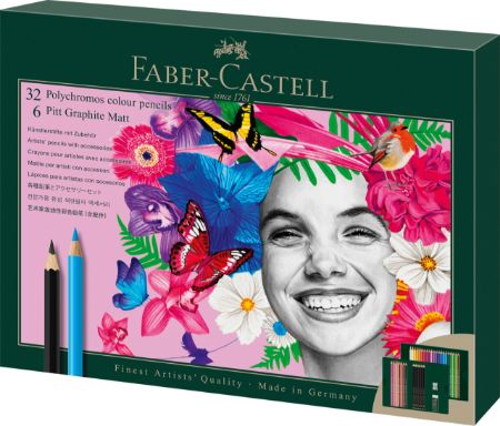 Poza cu SET CADOU 32 CREIOANE COLORATE POLYCHROMOS + 6 CREIOANE GRAFIT MATT + ACCESORII FABER-CASTELL