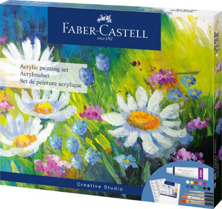 Poza cu SET ACRILIC CREATIV 18 PIESE (12 CULORI ACRILICE x 9ML + CANVAS+ PALETA+ 4 PENSULE) FABER-CASTELL