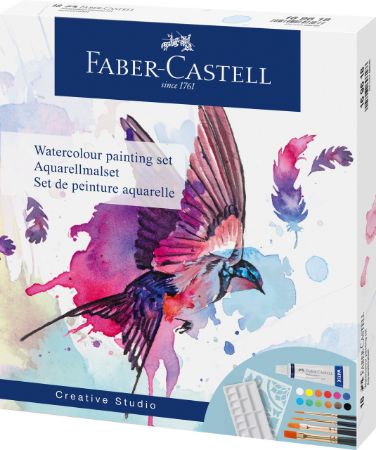 Poza cu SET CREATIV TEMPERA 18 PIESE (TEMPERA ACUARELE 12 CULORI X 5 ML + 4 PENSULE+ SABLON PLASTIC) FABER-CASTELL