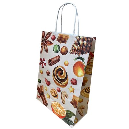 Poza cu PUNGA HARTIE MANER RASUCIT 32 x 12 x 41 CM ALB PRAJITURI CRACIUN PAPIROTI