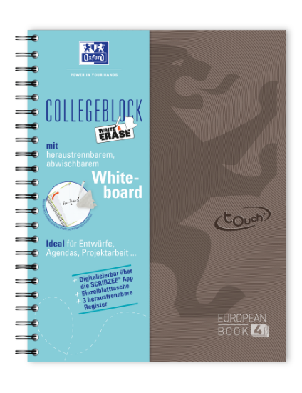 Poza cu CAIET ORGANIZATOR OXFORD EUROPEANBOOK STUDENTS, A4+ 120F, HARTIE OPTIK 90G/MP, SPIRA DUBLA, SCRIBZEE, PEFC, 3 SEPARATOARE PP + WHITEBOARD, 4 PERFORATII, BUZUNAR INTERIOR, 4 SECTIUNI CU MARGINI COLORATE, PATRATELE, CULOARE MARO