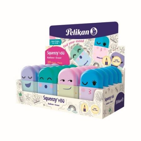 Poza cu RADIERA SQUEEZY YOU, FARA FTALATI SI PVC, 4 MOTIVE/CULORI PASTEL ASORTATE MINT/LAVENDER/PINK/LIGHT BLUE PREZENTARE PE DISPLAY 20 BUC