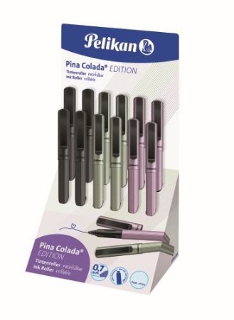 Poza cu ROLLER PINA COLADA EDITION 0.7 MM, CORP STRIAT, AMBIDEXTRU, 1 REZERVA ALBASTRA, 3 CULORI METALIZATE ASORTATE, DISPLAY 12 BUC