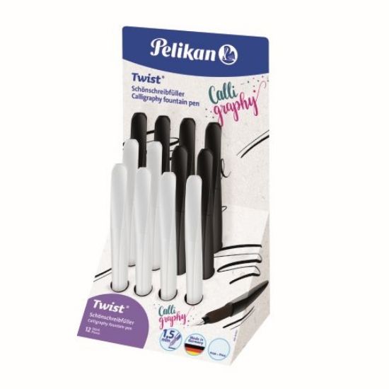 Poza cu STILOU TWIST CALIGRAFIE PENITA 1.5 MM, GRIP ERGONOMIC, 1 REZERVA ALBASTRA INCLUSA, 2 CULORI ALB/NEGRU, DISPLAY 12 BUC