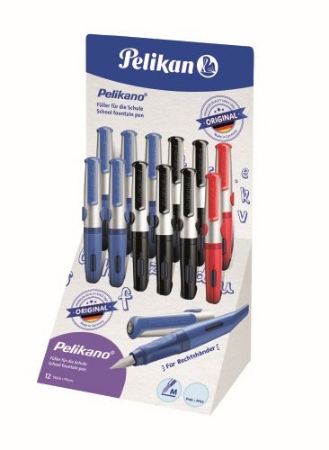 Poza cu STILOU PELIKANO, PENITA M, GRIP ERGONOMIC, PENTRU DREPTACI, 1 PATRON MARE ALBASTRU INCLUS, CULORI ASORTATE ROSU/NEGRU/ALBASTRU, DISPLAY 12 BUC