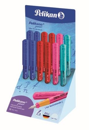 Poza cu STILOU PELIKANO JUNIOR, PENITA A, GRIP ERGONOMIC, PENTRU DREPTACI, 1 PATRON MARE ALBASTRU INCLUS, DISPLAY 12 BUCATI, CULORI ASORTATE
