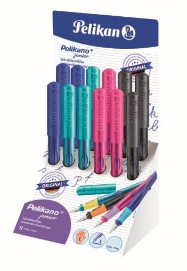 Poza cu STILOU PELIKANO JUNIOR, PENITA L, GRIP ERGONOMIC, PENTRU STANGACI, 1 PATRON MARE ALBASTRU INCLUS, CULORI ASORTATE ROZ/TURCOAZ/ANTRACIT/ALBASTRU, DISPLAY 12 BUC