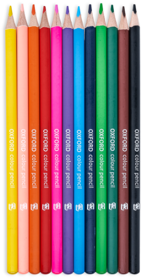 Poza cu CREIOANE COLORATE OXFORD, VARF 3MM, TRIUNGHIULARE, SET 12 + ASCUTITOARE, IN CUTIE DE CARTON