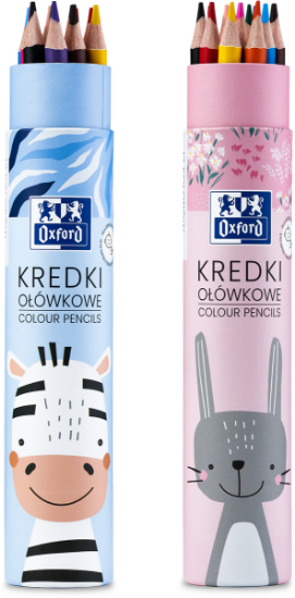 Poza cu CREIOANE COLORATE OXFORD KIDS, VARF 3MM, SECTIUNE ROTUNDA, SET 12 CULORI, IN TUB CARTON, DIVERSE MOTIVE