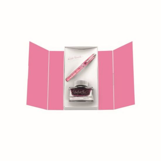 Poza cu STILOU CLASSIC M205 M CU PISTON, PENITA DIN OTEL INOXIDABIL ACCESORII ARGINTII, CORP ROSE QUARTZ + CALIMARA CERNEALA EDELSTEIN ROSE QUARTZ IN