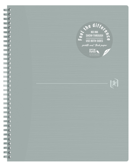 Poza cu CAIET OXFORD ORIGINS, A4+ 70 FILE, HARTIE OPTIK 90G/MP, SPIRA DUBLA, SCRIBZEE, ECOLABEL, COPERTA PLASTIFIATA FLEXIBILA, MICROPERFORATII, PAGINA INFO PERSONALE, PATRATELE, CULOARE GRI