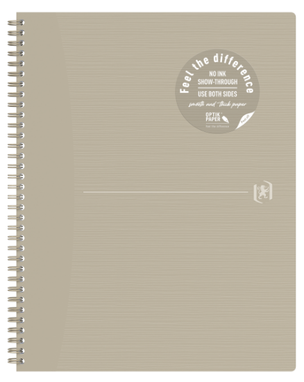 Poza cu CAIET OXFORD ORIGINS, A4+ 70 FILE, HARTIE OPTIK 90G/MP, SPIRA DUBLA, SCRIBZEE, ECOLABEL, COPERTA PLASTIFIATA FLEXIBILA, MICROPERFORATII, MARGINI LINIATE, PAGINA INFO PERSONALE, DICTANDO, CULOARE BEJ