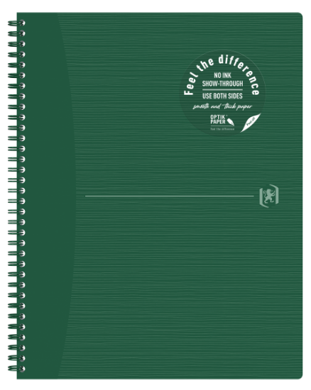 Poza cu CAIET OXFORD ORIGINS, A4+ 70 FILE, HARTIE OPTIK 90G/MP, SPIRA DUBLA, SCRIBZEE, ECOLABEL, COPERTA PLASTIFIATA FLEXIBILA, MICROPERFORATII, PAGINA INFO PERSONALE, PATRATELE, CULOARE VERDE