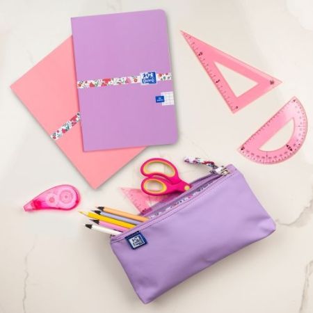 Poza cu PENAR OXFORD 2 ZIP FLORAL PASTEL, TIP ETUI DUBLU, 2 FERMOARE, CULOARE LILA