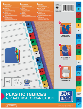 Poza cu INDEX PLASTIC ALFABETIC OXFORD A4 A-Z, 20 FILE/SET, 11 PERFORATII PENTRU INDOSARIERE, INCLUDE CUPRINS, CULOARE ALB CU MARGINE COLOR