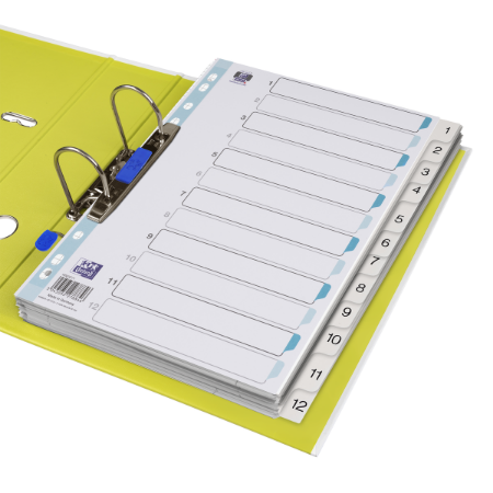 Poza cu INDEX PLASTIC NUMERIC OXFORD A4 1-12, 12 FILE/SET, 11 PERFORATII PENTRU INDOSARIERE, INCLUDE CUPRINS, CULOARE ALB