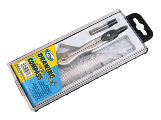 Poza cu Trusa geometrie: compas, rigla, echer, raportor + refil, in etui plastic