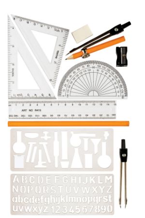 Poza cu Trusa geometrie in cutie metalica : compas cu creion HB, compas cu gradatii, rigla 15 cm, 2 echere,raportor,  2 rigle sablon, ascutitoare, radiera