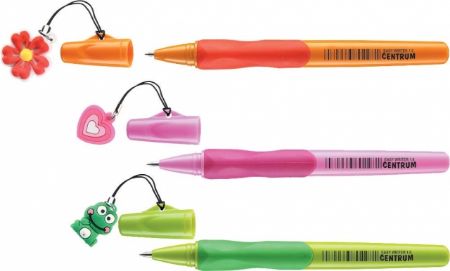 Poza cu Pix cu snur prins de capac cu diferite modele, grip ergonomic pentru o prindere usoara. Display de 24 de bucati cu modele pentru stangaci si dreptaci