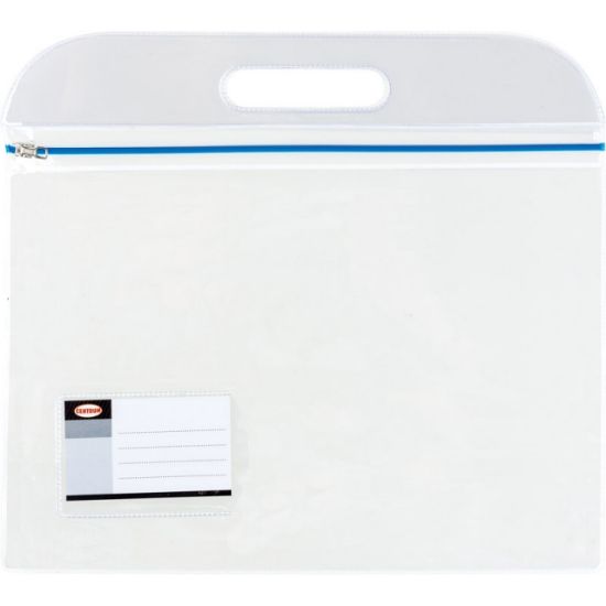 Poza cu Mapa plastic inchidere cu fermoar si maner, dimensiune A4 (330x292 ) pe partea din fata sunt atasate doua buzunare pentru etichete