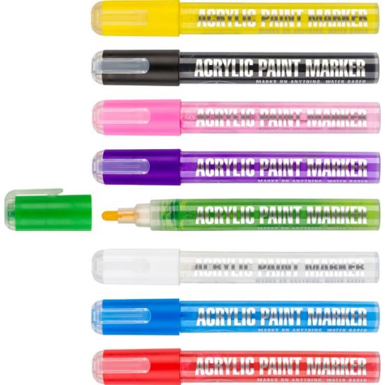 Poza cu Marker acrilic, se poate folosi pe diferite suprafete ca: sticla, canvas, lemn, pietre, plastilina sau materiale textile sau orice alte obiecte pe care vrei sa le marchezi. 8 culori deosebite 24 buc/display. NOU!!