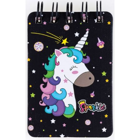Poza cu Notebook cu spira in partea de sus a carnetelului, dimensiune 105x70 mm A6, 55 de pagini 100 g/m. Model UNICORN