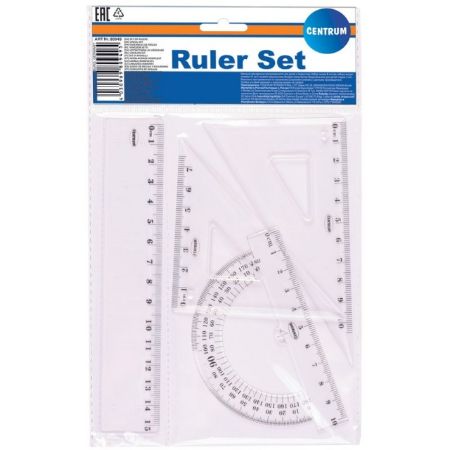 Poza cu Trusa geometrie, dimensiune piese 15cm. Set compus din: Rigla, 2 echere, si un raportor.