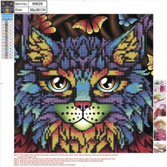 Poza cu Kit mozaic cu pietre acrilice, dimensiune 300 x 300 mm. Model pisica.