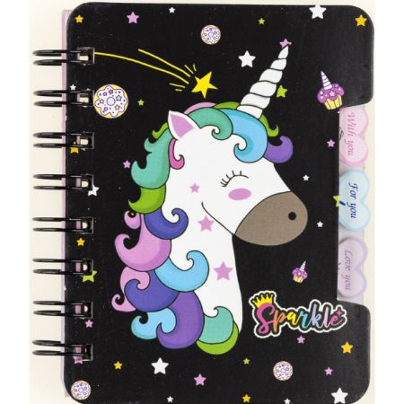 Poza cu Notebook cu spirala dubla, dimensiune A7,  120 x 92 mm. 50 de pagini liniate si desenate. Model Unicorn