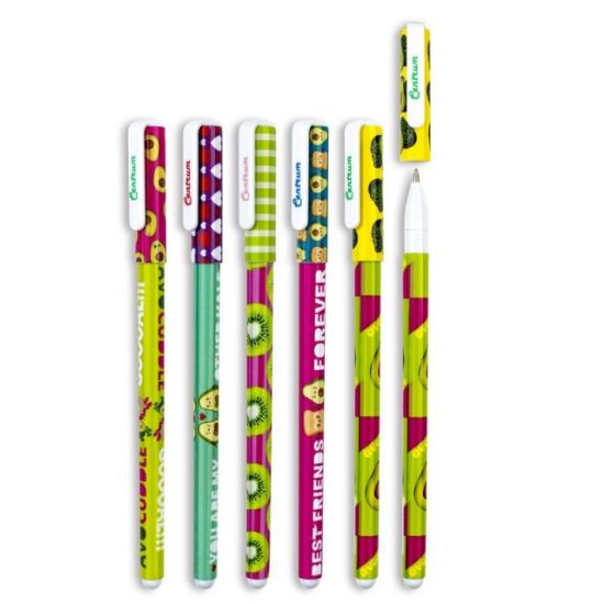 Poza cu Pix cu radiera, model fructe. Mina albastra de 0.5mm. 48buc/borcan.