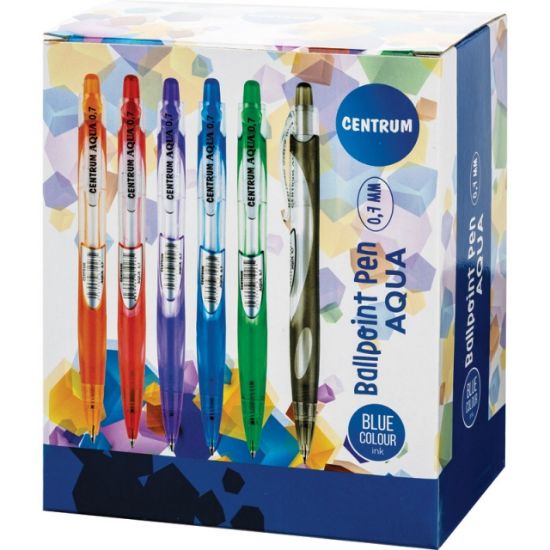 Poza cu Pix cu mecanism Aqua, mina albastra, dimensiune 0.7mm. Corp colorat 50 buc/cutie.