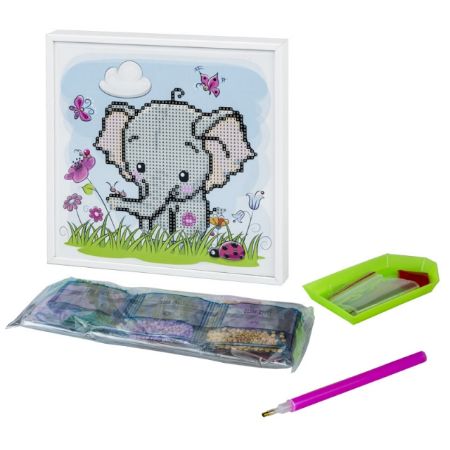 Poza cu Kit mozaic cu pietre acrilice cu rama de lemn, dimensiune 200 x 200 mm. Model baby elefant.