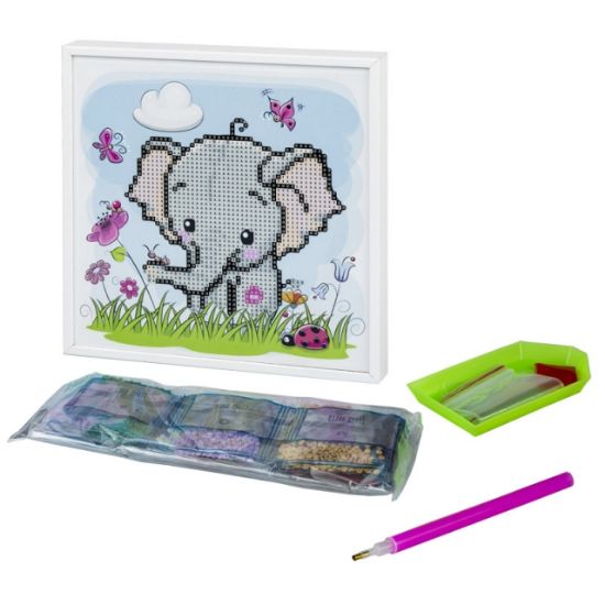 Poza cu Kit mozaic cu pietre acrilice cu rama de lemn, dimensiune 200 x 200 mm. Model baby elefant.
