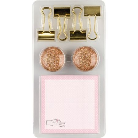 Poza cu Set de birou care contine: 2 magneti cu dimensiunea de 30mm, notes adeziv 68 x68mm cu 60 de pagini, 4 clipsuri metalice cu dimensiunea de 32mm.