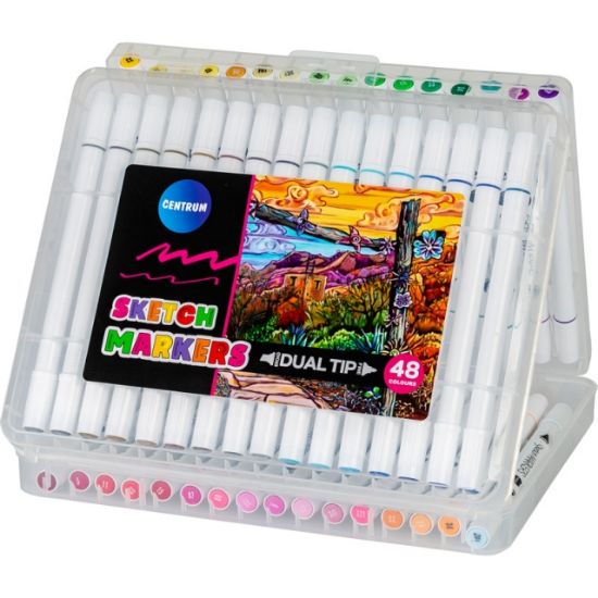 Poza cu Marker cu 2 capete, Model ART, 48 markere pe set, special pentru schite si pictat, un capat rotund de 1.4mm si un capat tesit de 5mm.